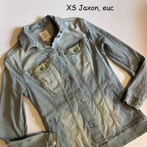 XS Lularoe Jaxon jean jacket, light blue with yellow embroidery